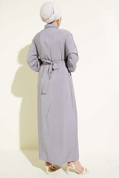 Göğüs Parçalı Kuşaklı Tencel Elbise Gri - 3