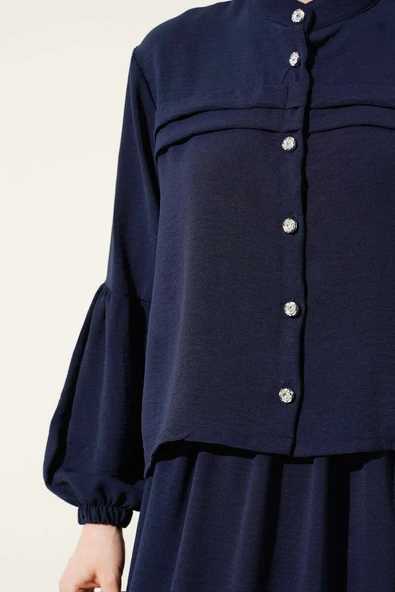 Taş Düğmeli Volanlı Etekli İkili Takım Lacivert - Resim 4