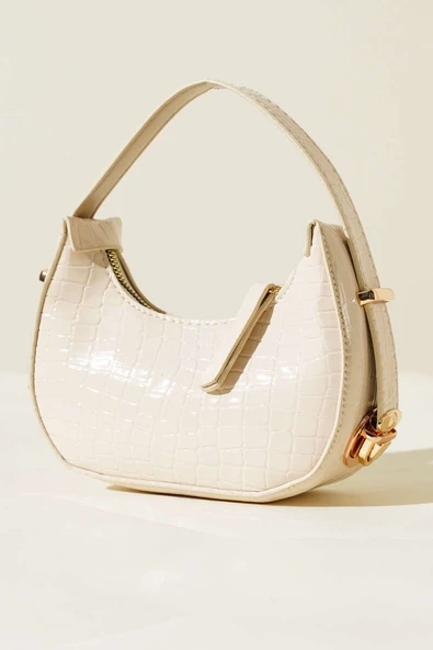 Kroko Desen Mini Baget Çanta Krem
