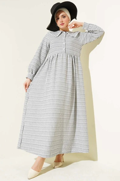 Yarım Düğmeli Bebe Yaka Çizgili Gofre Elbise Siyah ürün görseli 1