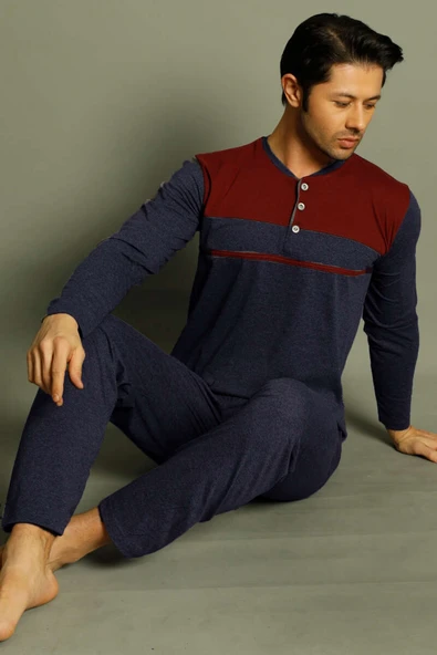 Arma Detaylı Düğme Uzun Kol Erkek Pijama Takımı Lacivert Bordo