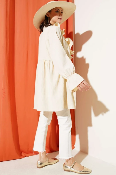 Yaka Fırfırlı Yan İp Bağlamalı Kimono Bej - 3