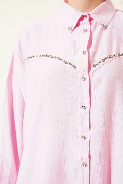 Göğüs Taş Sıralı Gömlek Pembe - Resim 4