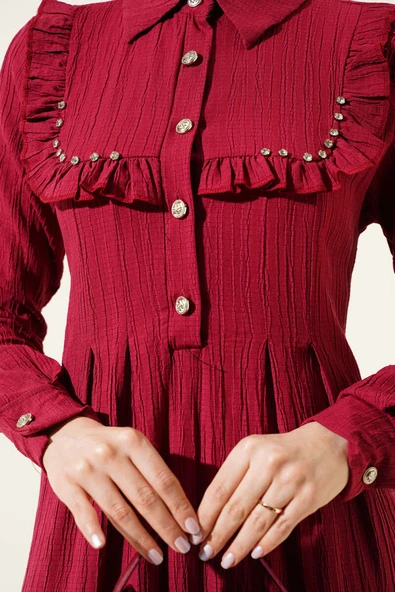Yaka Taşlı Fırfırlı Elbise Bordo - 4