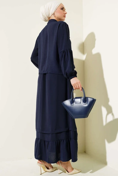 Taş Düğmeli Volanlı Etekli İkili Takım Lacivert - Resim 3