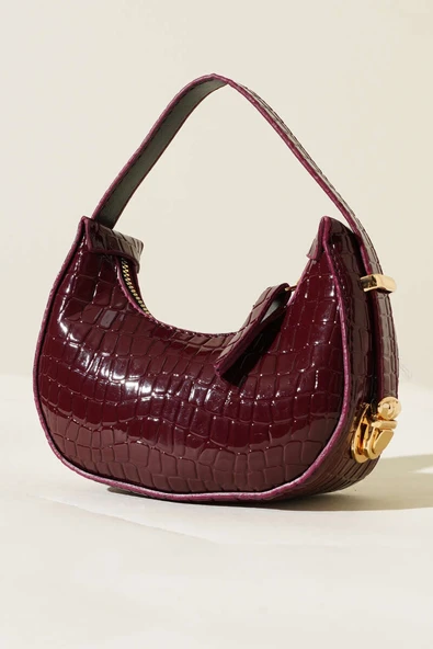 Kroko Desen Mini Baget Çanta Vişne
