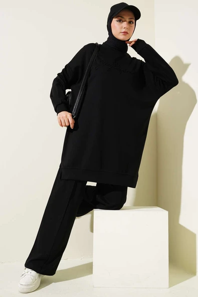 Loyşa Kabartma Yazılı Salaş İkili Takım Siyah ürün görseli 1