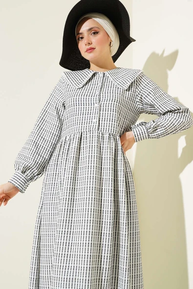 Yarım Düğmeli Bebe Yaka Çizgili Gofre Elbise Siyah - Resim 2