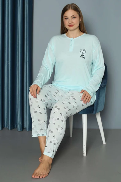 Çiçek Baskılı Düğmeli Büyük Beden Pijama Takım Mavi ürün görseli 1