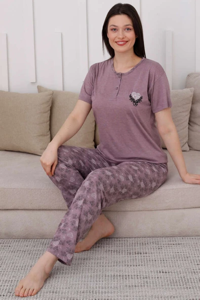 İki Düğmeli Desenli Viskon Pijama Takımı Leylak - 2
