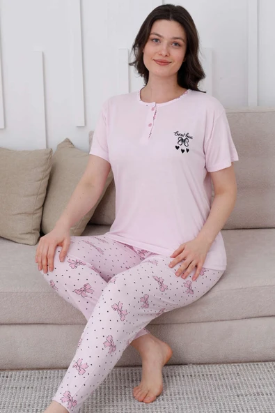 Fiyonk Desen Düğmeli Pijama Takım Pembe ürün görseli 1