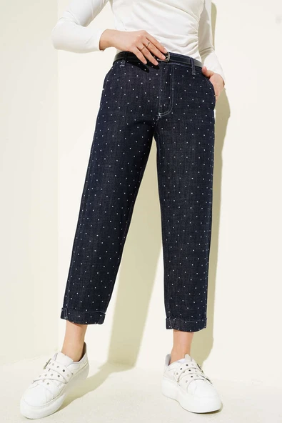 Kemerli Taş Süslemeli Kot Pantolon Lacivert ürün görseli 1