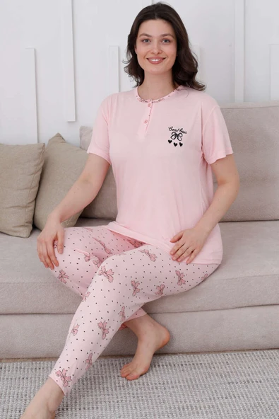Fiyonk Desen Düğmeli Pijama Takım Yavru Ağzı - 1