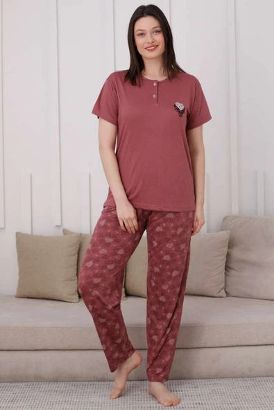 İki Düğmeli Desenli Viskon Pijama Takımı Gül Kurusu - 2