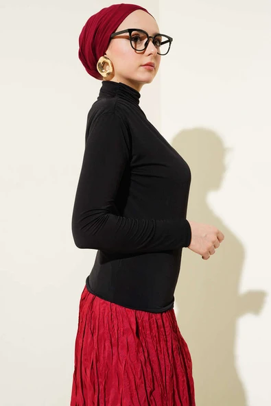 Balıkçı Yaka Yan Büzgülü Sandy Bluz Siyah - Resim 3