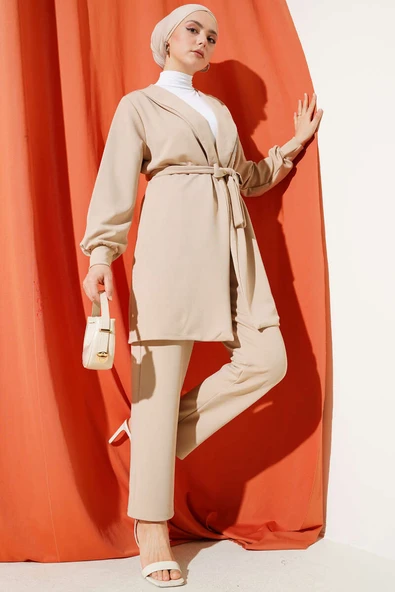 Yaka Zincir Püsküllü İkili Takım Bej ürün görseli 1