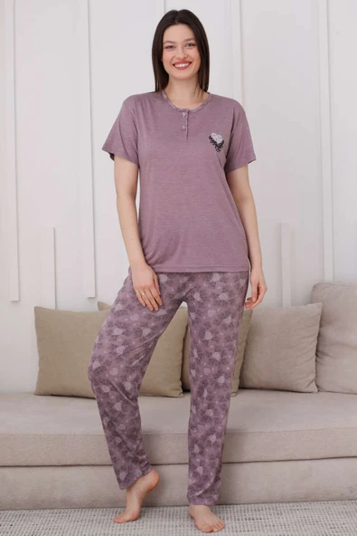 İki Düğmeli Desenli Viskon Pijama Takımı Leylak