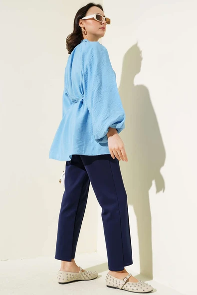 Gold Düğmeli Balon Kol Gömlek Mavi - Resim 3