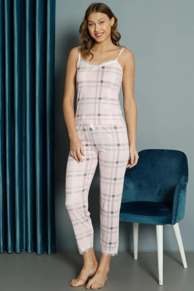 Ekose Desenli Askılı Pijama Takım Pembe