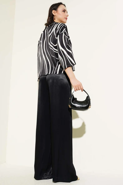 Desenli Kısa Gömlekli Saten İkili Takım Siyah - Resim 3