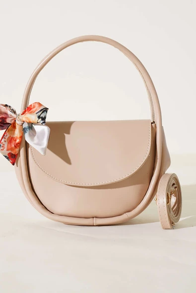 Fularlı Oval Kesim Çanta Bej - Resim 2