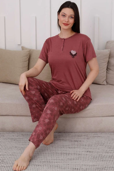 İki Düğmeli Desenli Viskon Pijama Takımı Gül Kurusu