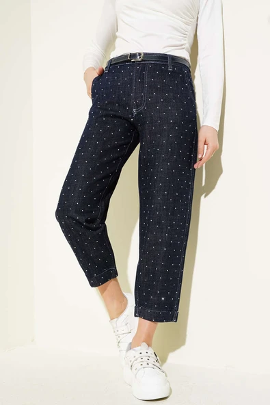 Kemerli Taş Süslemeli Kot Pantolon Lacivert - Resim 2