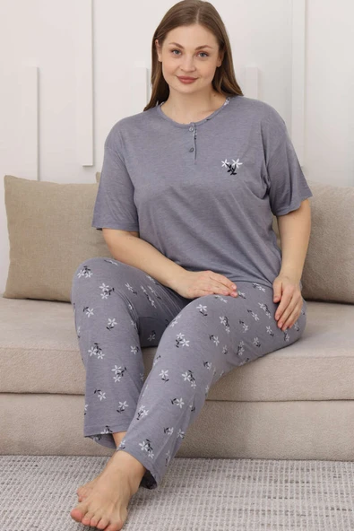 Çiçek Baskılı Kısa Kol Büyük Beden Pijama Takım Leylak - 1