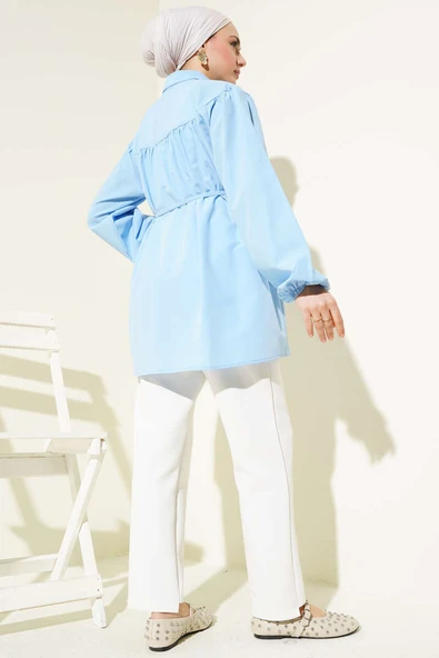 Göğüs Büzgülü Gömlek Mavi - 3