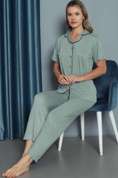 Mini Puantiyeli Kısa Kol Pijama Takımı Su Yeşili - Resim 2