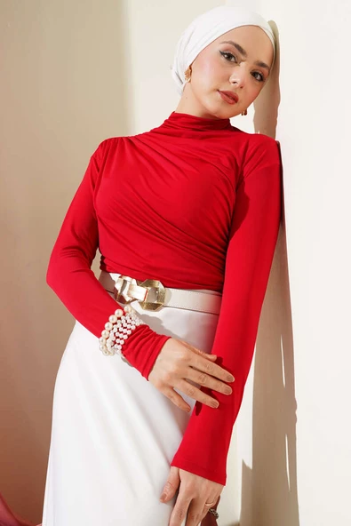 Balıkçı Yaka Yan Büzgülü Sandy Bluz Kırmızı ürün görseli