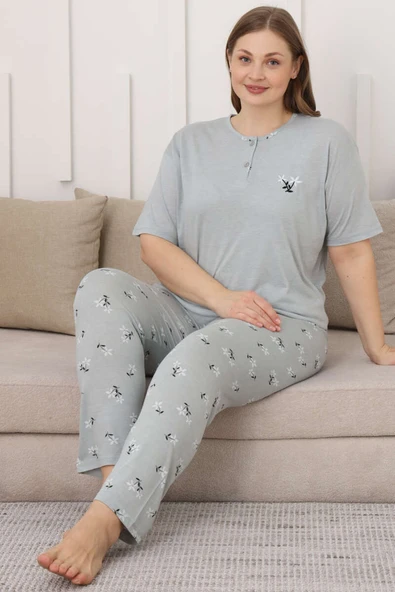 Çiçek Baskılı Kısa Kol Büyük Beden Pijama Takım Su Yeşili - 2