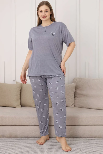Çiçek Baskılı Kısa Kol Büyük Beden Pijama Takım Leylak - 2