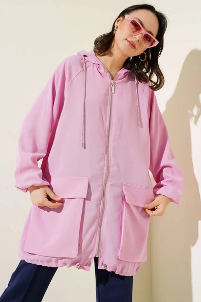 Çift Cepli Fermuarlı Hırka Pudra ürün görseli 1