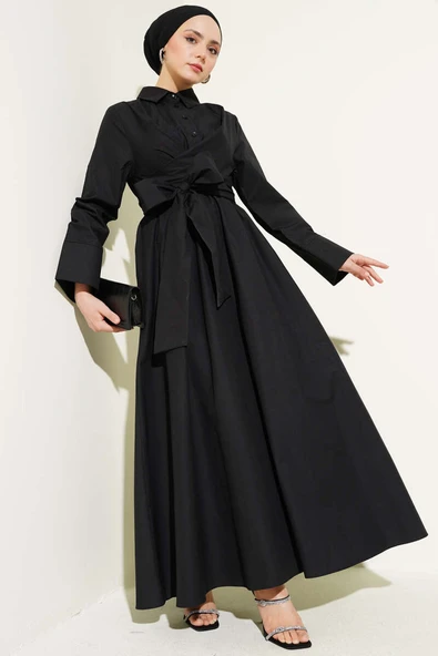 Bel Lastikli Önü Bağlamalı Poplin Elbise Siyah