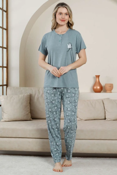Kısa Kol Düğmeli Desenli Pijama Takım Çağla Yeşili - 2