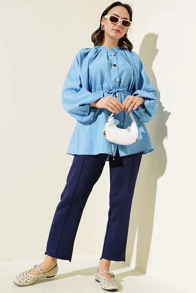 Gold Düğmeli Balon Kol Gömlek Mavi - Resim 2