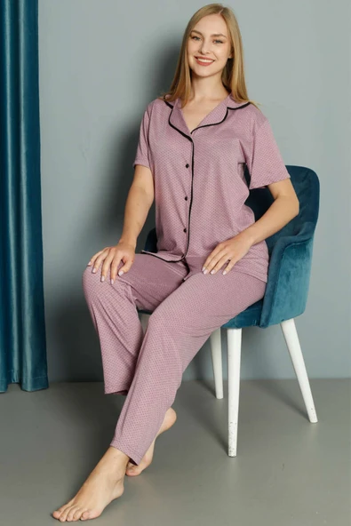 Mini Puantiyeli Kısa Kol Pijama Takımı Magenta