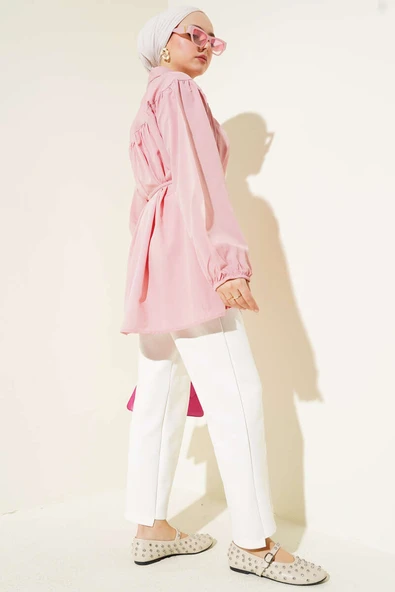 Göğüs Büzgülü Gömlek Pudra - Resim 3