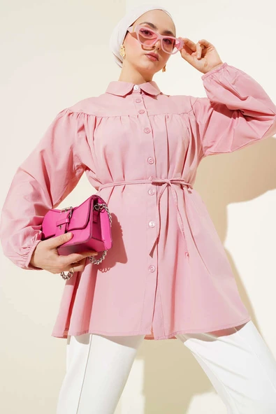 Göğüs Büzgülü Gömlek Pudra ürün görseli 1