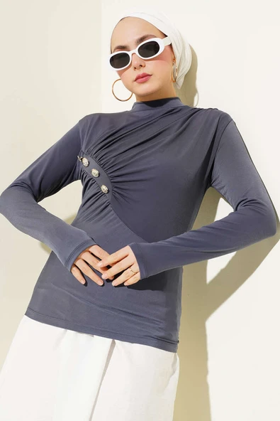 Düğmeli Büzgülü Sandy Bluz Füme - Resim 2