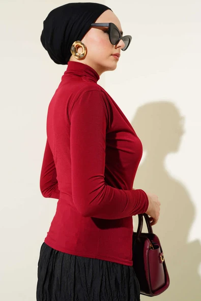 Balıkçı Yaka Yan Büzgülü Sandy Bluz Bordo - 3