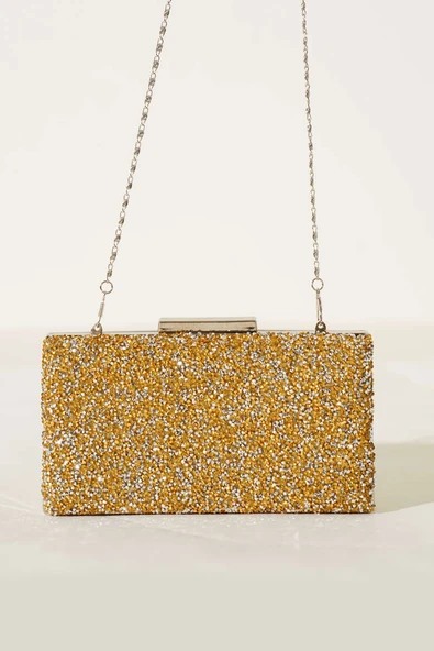 Dikdörtgen Taşlı Abiye Çanta Sarı - Resim 2