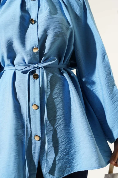 Gold Düğmeli Balon Kol Gömlek Mavi - Resim 4