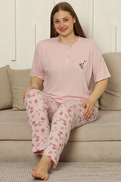 Çiçekli Kısa Kol Viskon Büyük Beden Pijama Takım Pudra ürün görseli 1