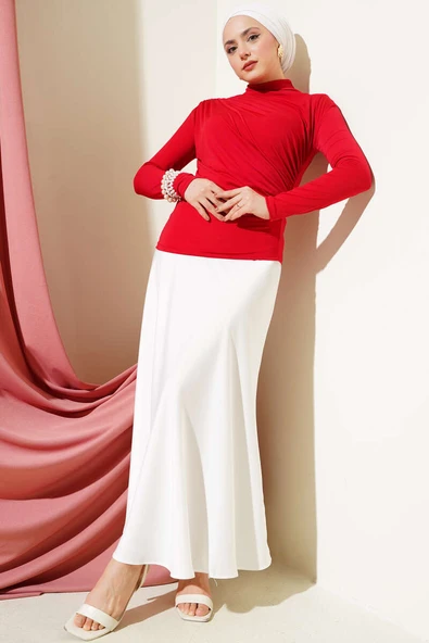 Balıkçı Yaka Yan Büzgülü Sandy Bluz Kırmızı - Resim 2