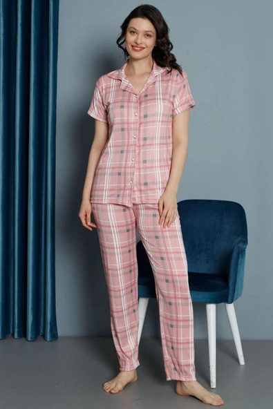 Ekose Desen Düğmeli Pijama Takım Somon