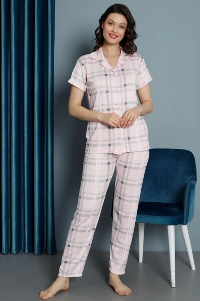Ekose Desen Düğmeli Pijama Takım Pembe - 2