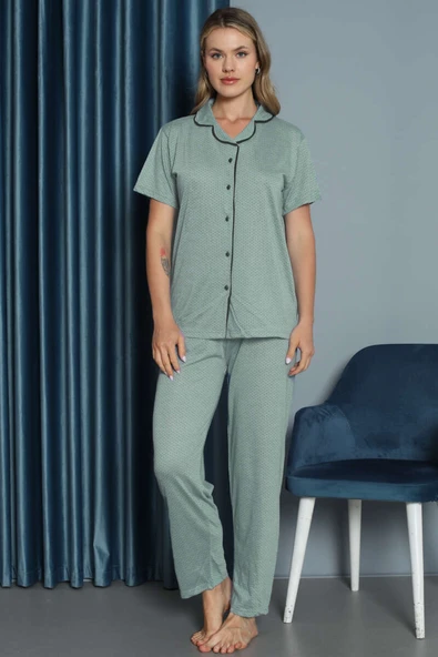 Mini Puantiyeli Kısa Kol Pijama Takımı Su Yeşili