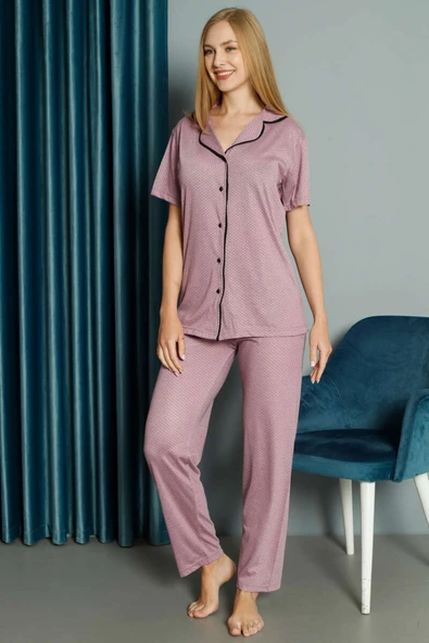Mini Puantiyeli Kısa Kol Pijama Takımı Magenta - 2